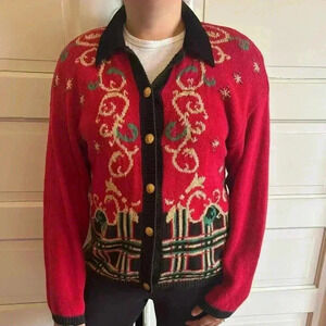 VTG Norton Mcnaughton Christmas Sweater Red Cardigan Gold Accents Women’s Med